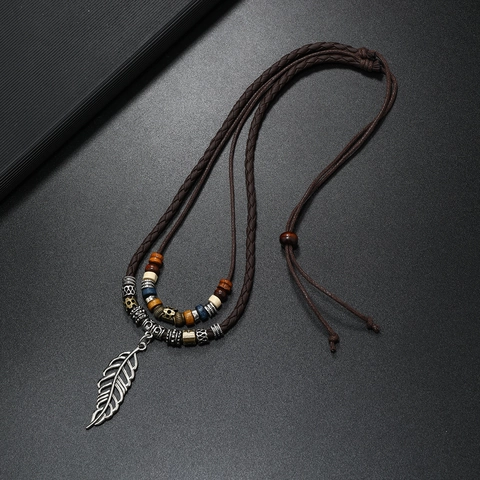 Retro Alloy Wax Rope Necklace Featuring Hollow Leaf Heart Butterfly Cross Pendants With Wood Beads Adjustable Long Sweater Chain For Unisex Daily Wear