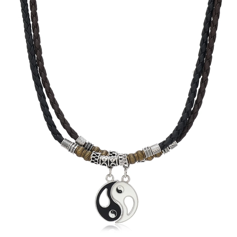 Collier en Corde de Cuir Tissé à la Main Rétro Pour Hommes Femmes Pendentif Tai Chi Yin Yang Perle en Bois Alliage Bijoux Ethniques