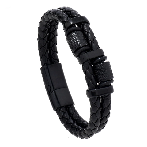 Vintage Men Leather Woven Bracelet Multi Layer Casual Hand Crafted Alloy Magnetic Clasp Geometric Wristband Fashion Jewelry Accessory Gift