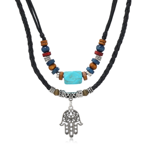 Handgefertigte Boho Retro Hand der Fatima Anhänger Halskette Mehrlagig Künstlicher Türkis Holzperlen Geflochtene PU Leder Kette