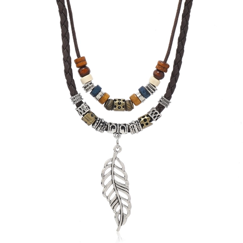 Retro Alloy Wax Rope Necklace Featuring Hollow Leaf Heart Butterfly Cross Pendants With Wood Beads Adjustable Long Sweater Chain For Unisex Daily Wear