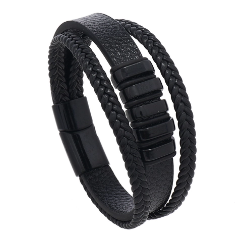 Pulsera Multicapa de Cuero PU Trenzado Para Hombre Con Cierre Magnético de Aleación Joyería Punk Vintage Geométrica Para Uso Diario