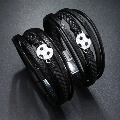 Bracelet Sportif Multi Rangs en Cuir PU pour Homme avec Fermoir Magnétique Charme de Football Tressé Bijoux Cadeau de Sport