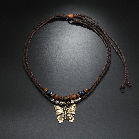 Vintage Herren Schmetterling Anhänger Halskette Handgefertigte Holzperlen Geflochtene Lederkordel Verstellbare Lange Pulloverkette Schmuck