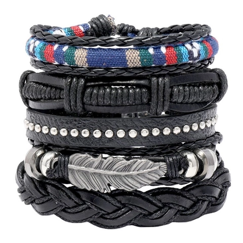 Bracciale in Pelle Intrecciata a Mano Bohemien Uomo Hip Hop Retro Piuma Perline Lega Vacchetta Regolabile Gioielli