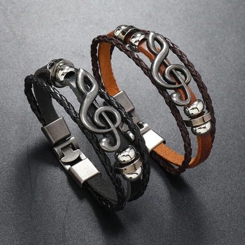 Vintage Mehrlagiges Geflochtenes Lederarmband Mit Metall Musiknote Anhänger Punk Stil Herren Schmuck Handgefertigt