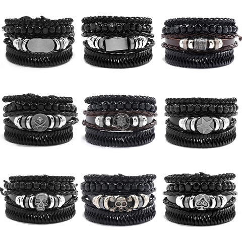 Men's Vintage Multilayer Leather Bracelet Hand Woven Cowhide Punk Skull Anchor Pentagram Adjustable Wrap Bracelet Jewelry