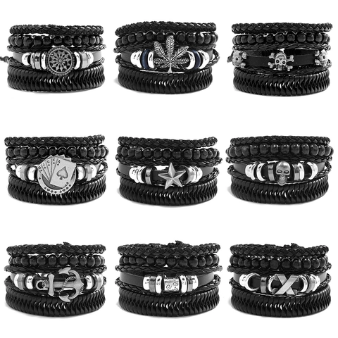 Men's Vintage Multilayer Leather Bracelet Hand Woven Cowhide Punk Skull Anchor Pentagram Adjustable Wrap Bracelet Jewelry
