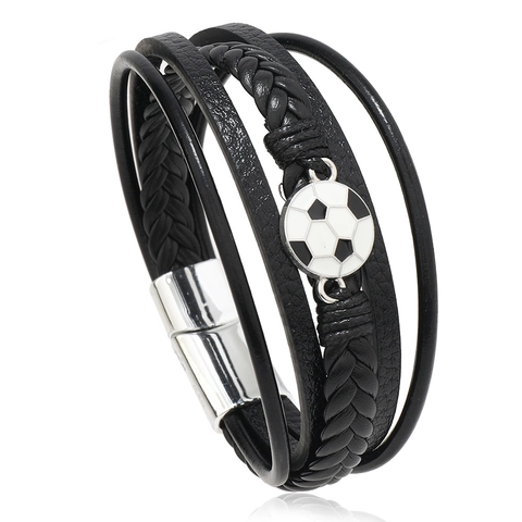 Bracelet Sportif Multi Rangs en Cuir PU pour Homme avec Fermoir Magnétique Charme de Football Tressé Bijoux Cadeau de Sport