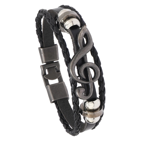 Vintage Mehrlagiges Geflochtenes Lederarmband Mit Metall Musiknote Anhänger Punk Stil Herren Schmuck Handgefertigt