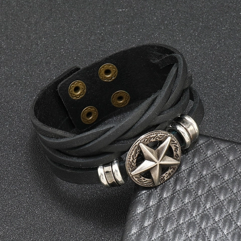 Men Vintage Cowhide Leather Bracelet Punk Hip Hop Multilayer Braided Star Metal Badge Adjustable Snap Button Bangle