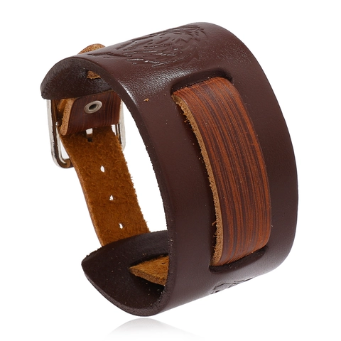 Vintage Punk Men Wolf Head Embossed Genuine Leather Bracelet Alloy Buckle Wide Adjustable Cuff Bangle For Men Retro Jewelry