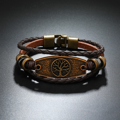 Vintage Men Multi-layer Braided PU Leather Bracelet Tree Of Life Alloy Metal Plate Beaded Retro Bohemian Men Jewelry Gift