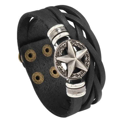 Men Vintage Cowhide Leather Bracelet Punk Hip Hop Multilayer Braided Star Metal Badge Adjustable Snap Button Bangle
