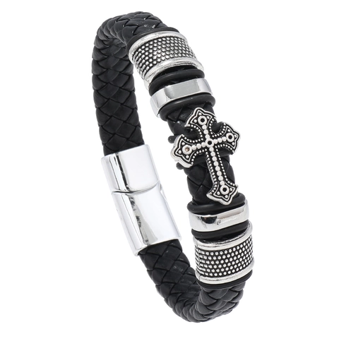 Herren Vintage PU Leder Armband Geflochten Legierung Kreuz Magnetverschluss Punk Mehrlagig Religiös Mode Schmuck Armband
