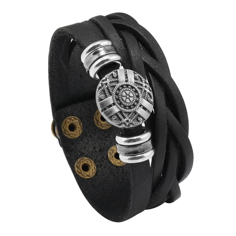 Vintage Men's Multilayer Woven Leather Bracelet Punk Style Alloy Metal Disc Gear Pattern Adjustable Snap Cuff Jewelry