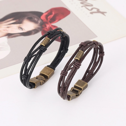 Pulsera de Cuero de Vaca Trenzado Multicapa Vintage para Hombre Con Cierre de Aleación de Bronce Joyería de Estilo Punk Retro