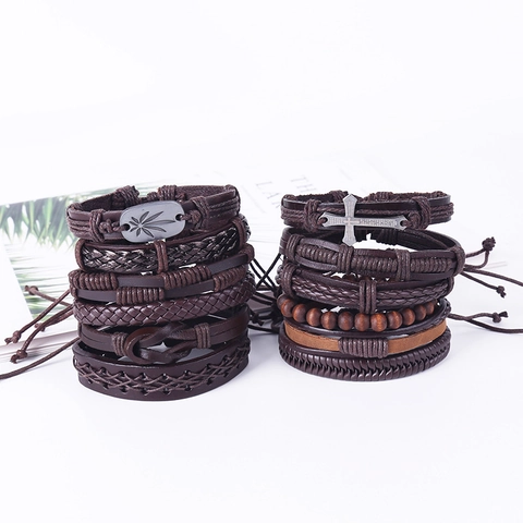 Vintage Heren Gevlochten Leren Armband Gelaagd Houten Kralen Kruis Blad Legering Bedels Verstelbaar Bohemian Punk Heren Sieraden Bruin