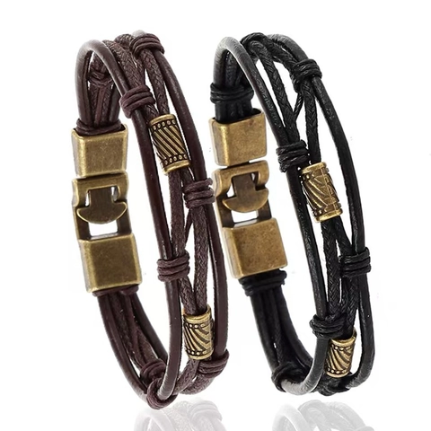 Pulsera de Cuero de Vaca Trenzado Multicapa Vintage para Hombre Con Cierre de Aleación de Bronce Joyería de Estilo Punk Retro