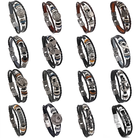 Vintage Men's Multi-layer Braided Leather Bracelet With Alloy Charms Punk Skull Anchor Poker Star Scripture Wrap Bracelet Jewelry