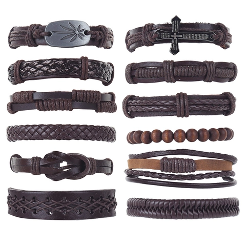 Vintage Heren Gevlochten Leren Armband Gelaagd Houten Kralen Kruis Blad Legering Bedels Verstelbaar Bohemian Punk Heren Sieraden Bruin