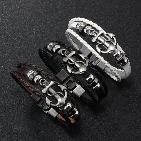 Vintage Men's Multi-layer Braided Leather Bracelet With Alloy Charms Punk Skull Anchor Poker Star Scripture Wrap Bracelet Jewelry