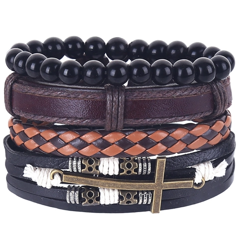 Vintage Handgemaakte Rundleren Armband Set Voor Heren Kruis Hanger Meerlaagse Verstelbare Kralen Polsband Heren Sieraden