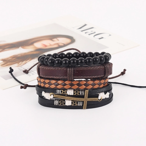 Vintage Handgemaakte Rundleren Armband Set Voor Heren Kruis Hanger Meerlaagse Verstelbare Kralen Polsband Heren Sieraden