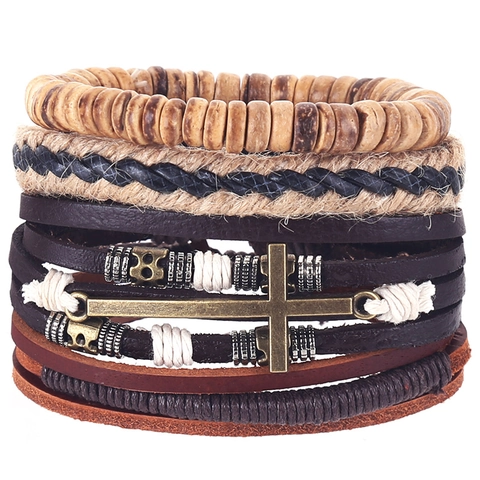 Men Retro Woven Leather Bracelet Set Vintage Bohemian Cross Pendant Handmade Adjustable Cord Wood Bead Multilayer Jewelry