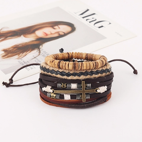 Men Retro Woven Leather Bracelet Set Vintage Bohemian Cross Pendant Handmade Adjustable Cord Wood Bead Multilayer Jewelry
