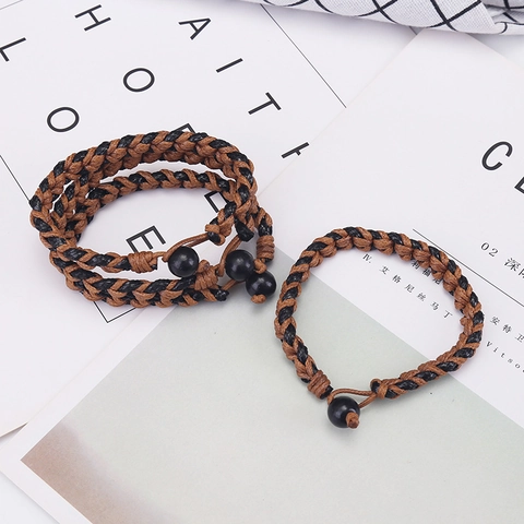 Handgemaakte Geweven Touw Armband Vintage Lederen Koord Polsband Met Houten Kralen Unisex Retro Boheemse Stijl Sieraden