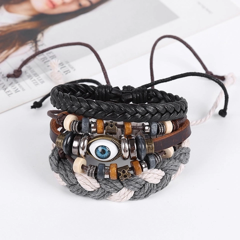 Vintage Bohemian Men Bracelet Set Leather Wood Beads Evil Eye Braided Adjustable Ethnic Multi-Layer Jewelry For Daily Travel