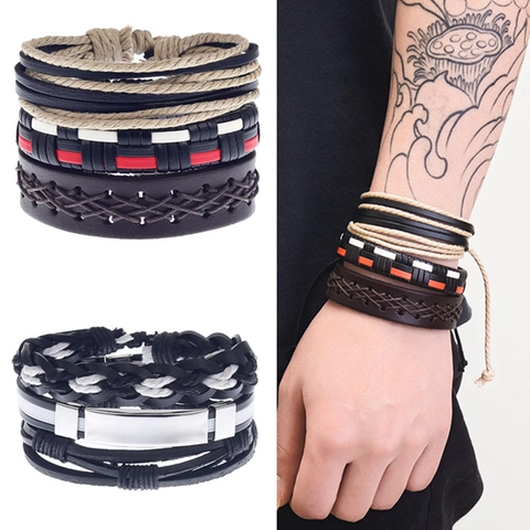 Bracelet en Cuir Multicouche Vintage Homme Tissé Ancre Arbre de Vie Croix Perle en Bois Cordon Bracelet Bijoux