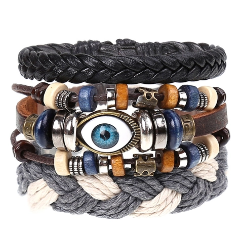 Vintage Bohemian Men Bracelet Set Leather Wood Beads Evil Eye Braided Adjustable Ethnic Multi-Layer Jewelry For Daily Travel