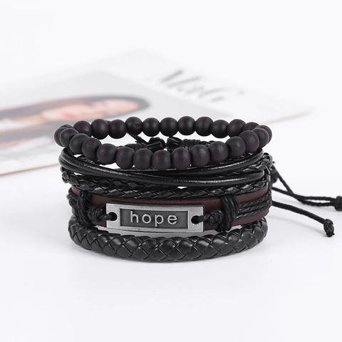 Vintage Cowhide Leather Braided Bracelet Multilayer Wood Beads Alloy Hope Letter For Men Retro Punk Style Hand Jewelry
