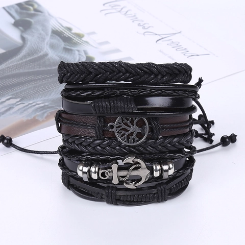 Set di Braccialetti Intrecciati in Pelle Vintage da Uomo Ciondoli Albero della Vita Ancora Bracciali Avvolgenti in Pelle Multistrato Gioielli Punk Fatti a Mano