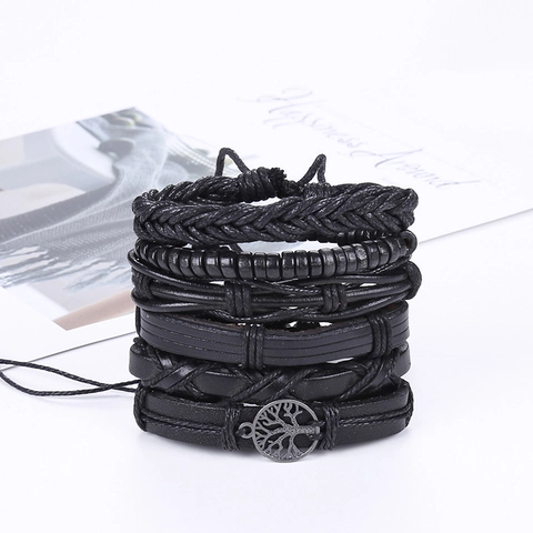 Vintage Men's Braided Leather Bracelet Set With Tree Of Life Alloy Pendant Wood Beads Punk Ethnic Multi-layer Wrap Jewelry