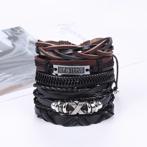 Vintage Men Braided Leather Bracelet Adjustable Woven Cord Faith Metal Plate Cross Charms Retro Jewelry Accessory Men Gifts