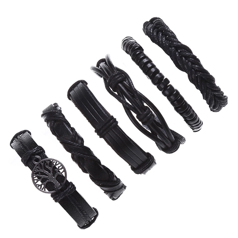 Vintage Men's Braided Leather Bracelet Set With Tree Of Life Alloy Pendant Wood Beads Punk Ethnic Multi-layer Wrap Jewelry