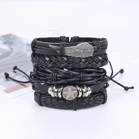 Set Braccialetto in Pelle Multistrato Vintage per Uomo Donna Corda Intrecciata Regolabile Punk Ciondolo Ala Stella Gioielli