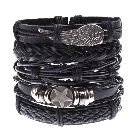 Set Braccialetto in Pelle Multistrato Vintage per Uomo Donna Corda Intrecciata Regolabile Punk Ciondolo Ala Stella Gioielli