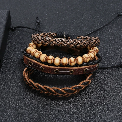 Heren Vintage Geflochten Rindsleder Armband Kombination Holzperlen Verstellbar Ethno Punk Rock Stil Armband Schmuck
