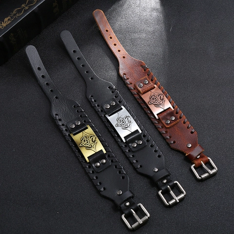 Men Retro Braided Cowhide Leather Bracelet Wide Cuff Punk Viking Dragon Embossed Metal Plate Adjustable Buckle Jewelry