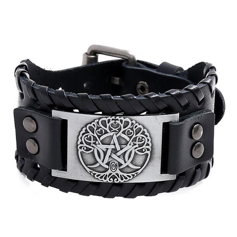 Bracciale in Pelle Larga da Uomo Vintage Punk Albero della Vita Pentacolo Piastra Metallica Intrecciata in Vacca Lega Gioielli