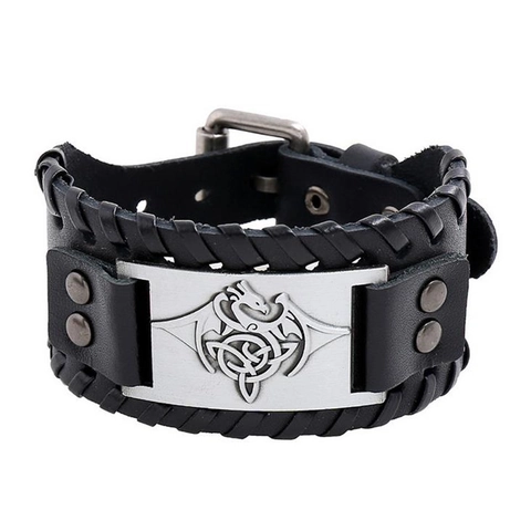 Retro Braided Cowhide Leather Bracelet For Men Punk Viking Style Dragon Celtic Knot Pattern Wide Adjustable Cuff Bangle Jewelry