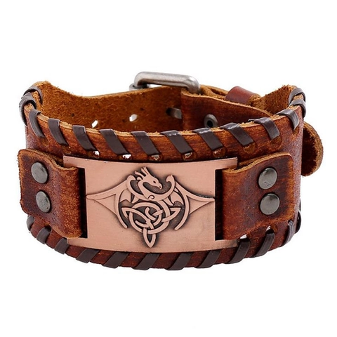 Retro Braided Cowhide Leather Bracelet For Men Punk Viking Style Dragon Celtic Knot Pattern Wide Adjustable Cuff Bangle Jewelry