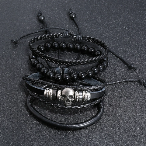 Bracciale in Pelle Punk Vintage con Teschio per Uomo Braccialetto Multistrato Intrecciato con Perline di Vetro Gioielli di Moda