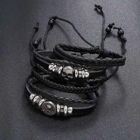 Men's Punk Retro Cowhide Leather Skull Bracelets Alloy Pirate Charms Multilayer Adjustable Braided Hand Jewelry