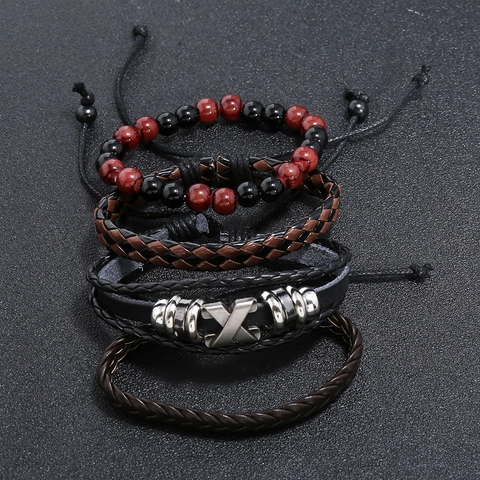 Men Vintage Woven Cowhide Bracelet Set Multilayer Beaded Punk Minimalist Leather Wristband For Casual Party Jewelry