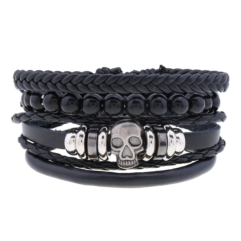 Bracciale in Pelle Punk Vintage con Teschio per Uomo Braccialetto Multistrato Intrecciato con Perline di Vetro Gioielli di Moda